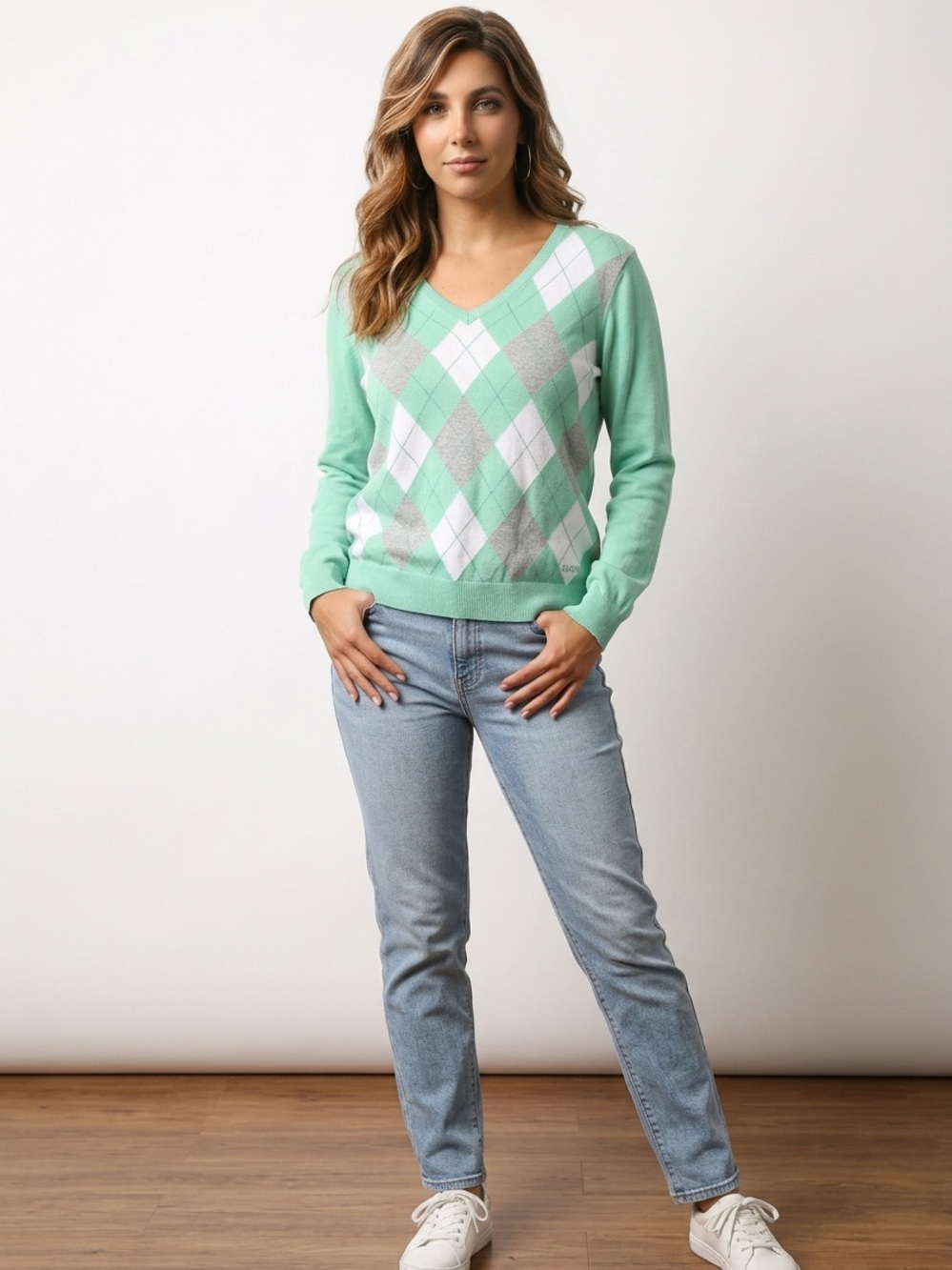 Izod Mint Green Argyle V-Neck Sweater